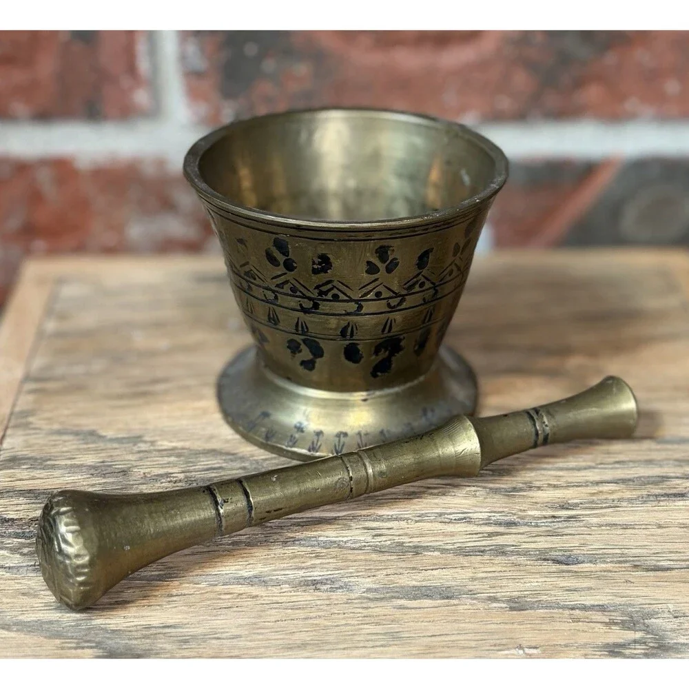 Vintage Brass Mortar & Pestle Set Hand Decorated Geometric Design